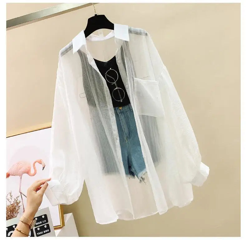 Summer Sunscreen Shirt Elegant Perspective Thin Chiffon Blouse Korean Harajuku See Through Loose Top Casual Women's Cardigan