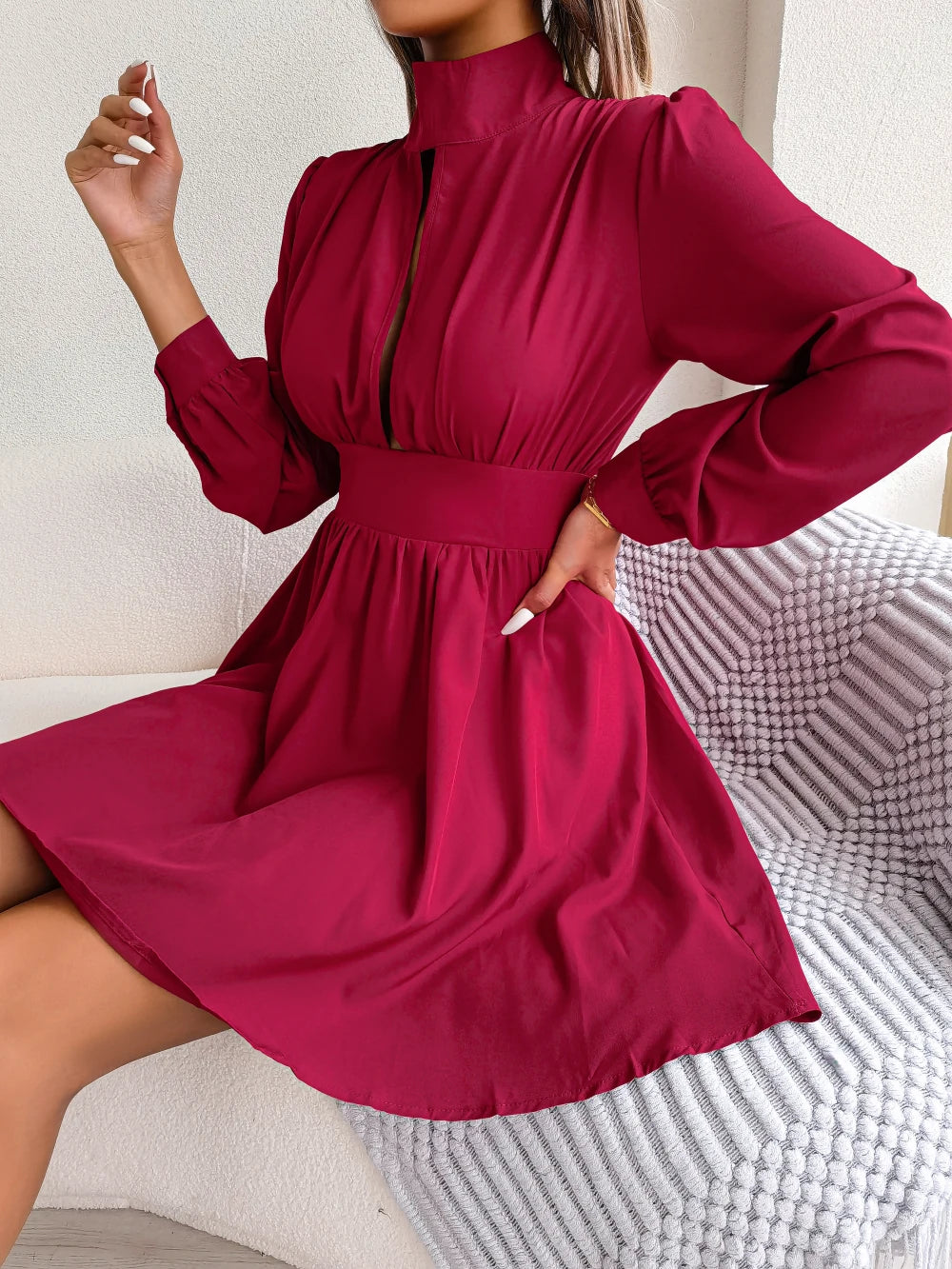 Spring Autumn Casual Solid Hollow Out Long Sleeve A Line Dress for Women Elegant Mini Dresses Red Black White Woman Clothing