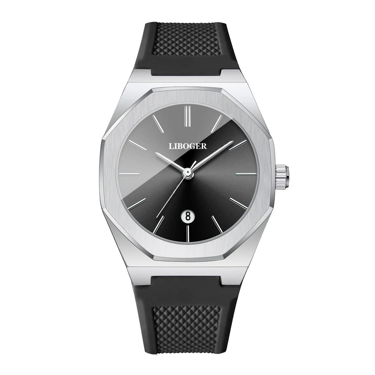 Luxury Silver Men Business Watches Octagonal Case Casual Silicone Strap Date Quartz Wristwatch Relogio Masculino（Without Box）
