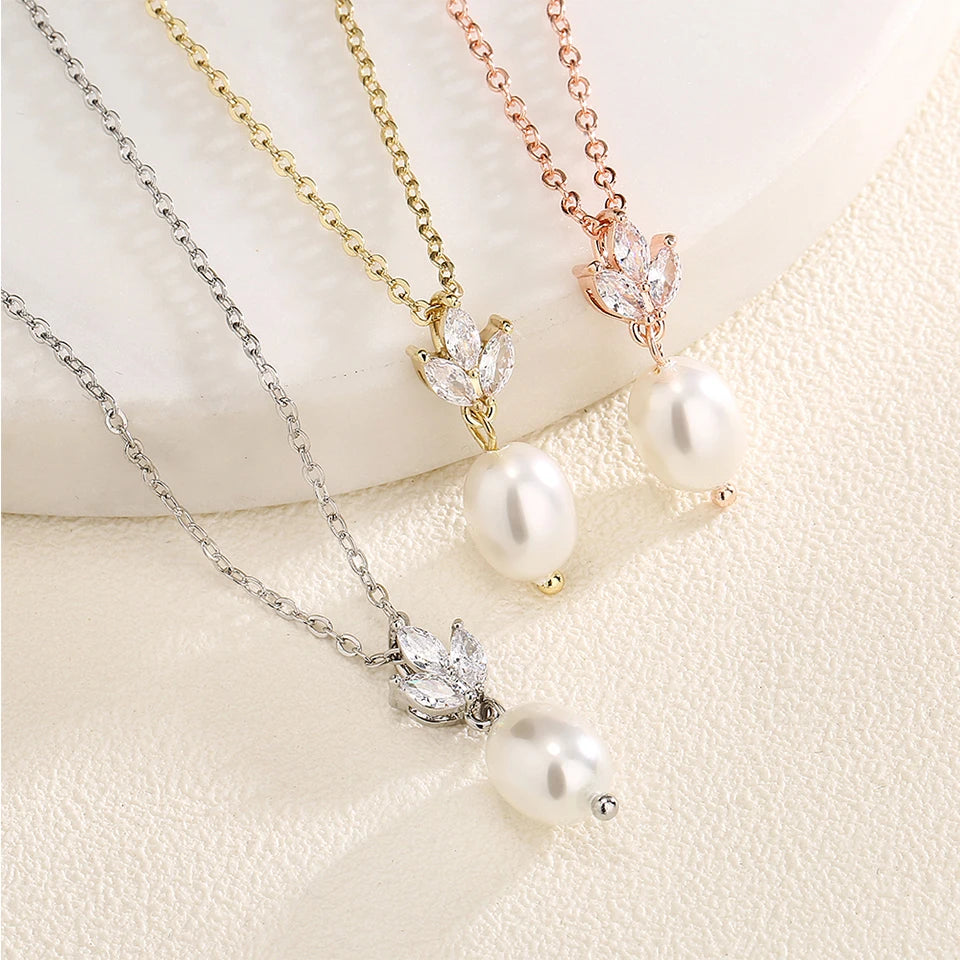 ZAKOL Fashion Leaf Shiny Zircon Pearl Drop Earring Necklaces Jewelry Sets for Women Charming Wedding Jewelry Gift