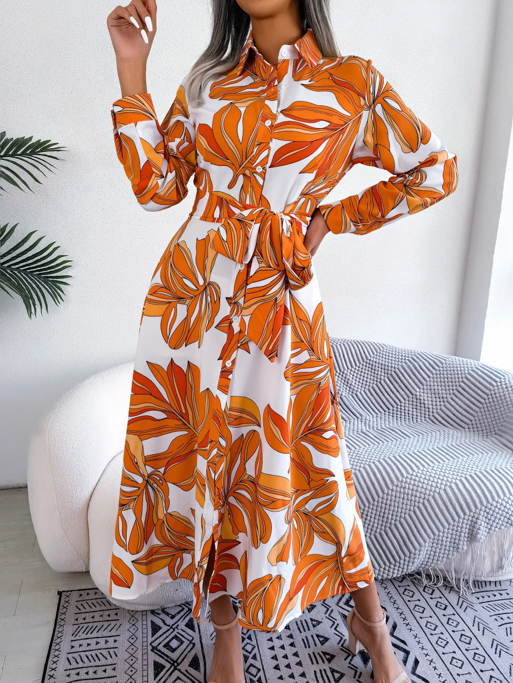 Women Casual Floral Print Long Sleeve Maxi Shirt Dress for Spring Autumn 2026 Elegant Contrast Color Lapel Buttons Long Dresses