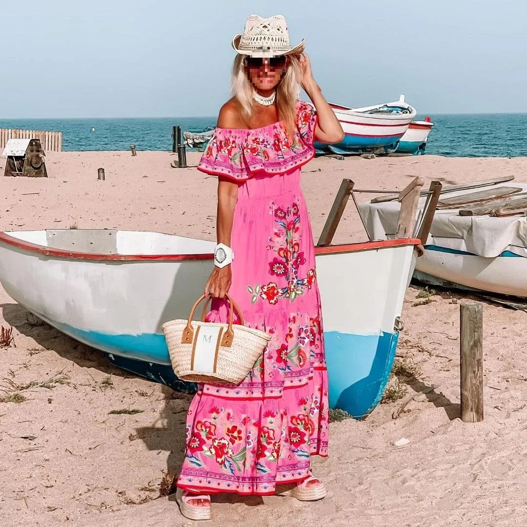 BKLD Elegant Printed Maxi Dress Sexy Off The Shoulder Tie Waist Slim Fit Dress Women Summer Party Vacation Outfits 2026 New