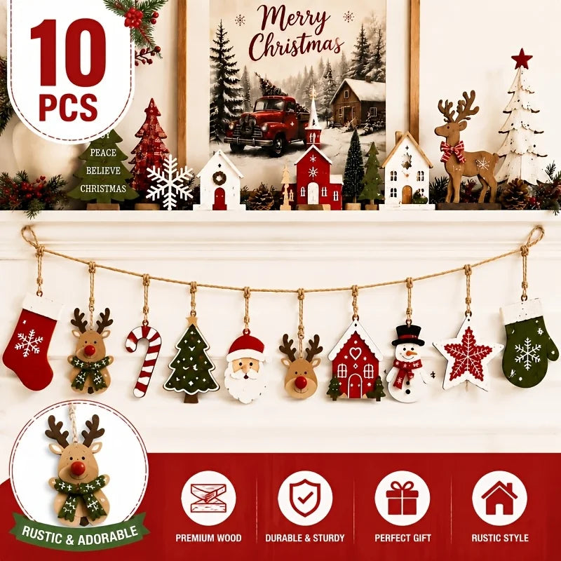 10Pcs Christmas Wooden Ornament Garland, Santa Snowman Reindeer Hanging Banner, Xmas Fireplace Wall Mantel Decorations