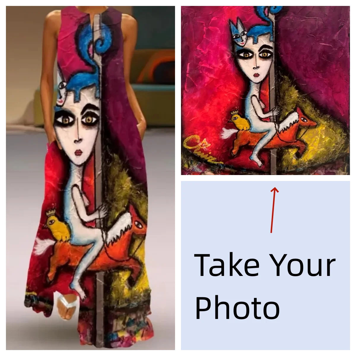 Summer Retro V-Neck Sleeveless Maxi Dress – Loose Artistic Print
