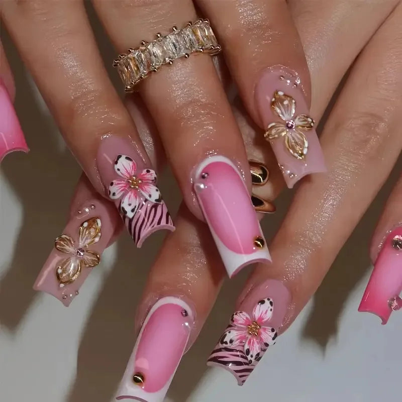 24pcs Green French Fake Nail Spring Summer Long Square Press on Nails Woman with Flower Design False Nail Sets Wearable Manicure