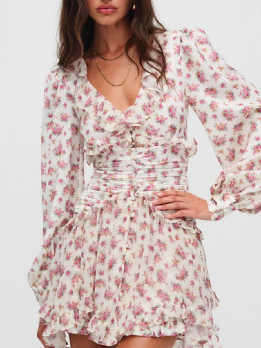 Boho Chic Floral Print Ruffle Mini Dress Women's Long Puff Sleeve V Neck Slim Fit A-line Party Dresses New Female Club Vestidos