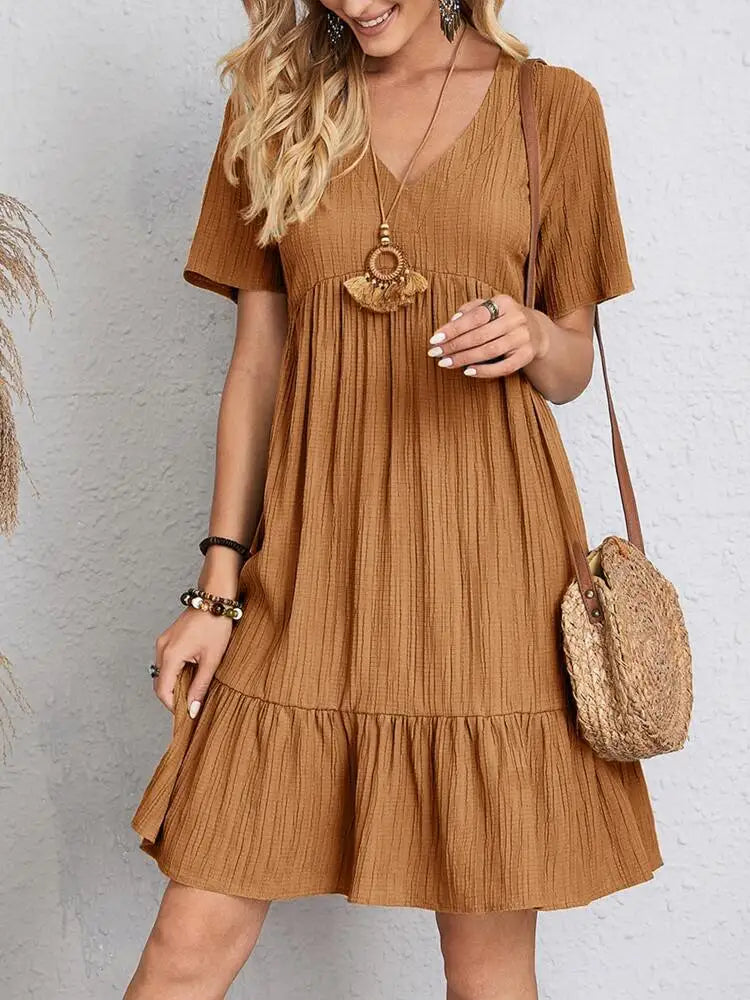 Women Elegant V Neck Ruffles Mini Dress Summer Vintage Solid Loose Sundress Bohemian Casual Solid Beach Party Vestidos