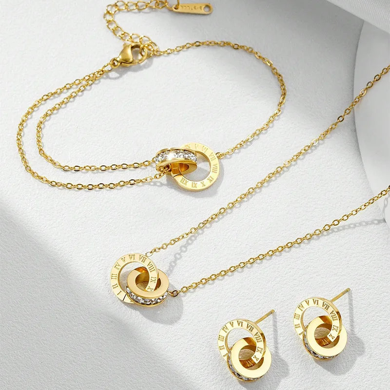 ZAKOL Women's Classic Roman Numerals Earring Necklace Bracelet Set for Women Girls Versatile Simple Daily Jewelry Sets