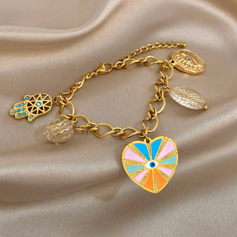 New Style Boho Women's Set Jewelry Vintage Devil's Eye Charm Enamel Heart Pendant Stainless Steel Necklace Bracelets Accessory