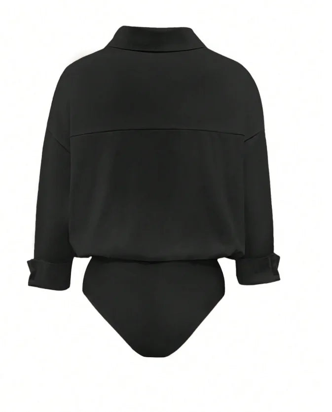 Women Shirt Bodysuit Oversized Boyfriend Half Sleeve Blouse Deep V Collar Bodysuit Shirts Elegant Office Lady Jumpsuit Top