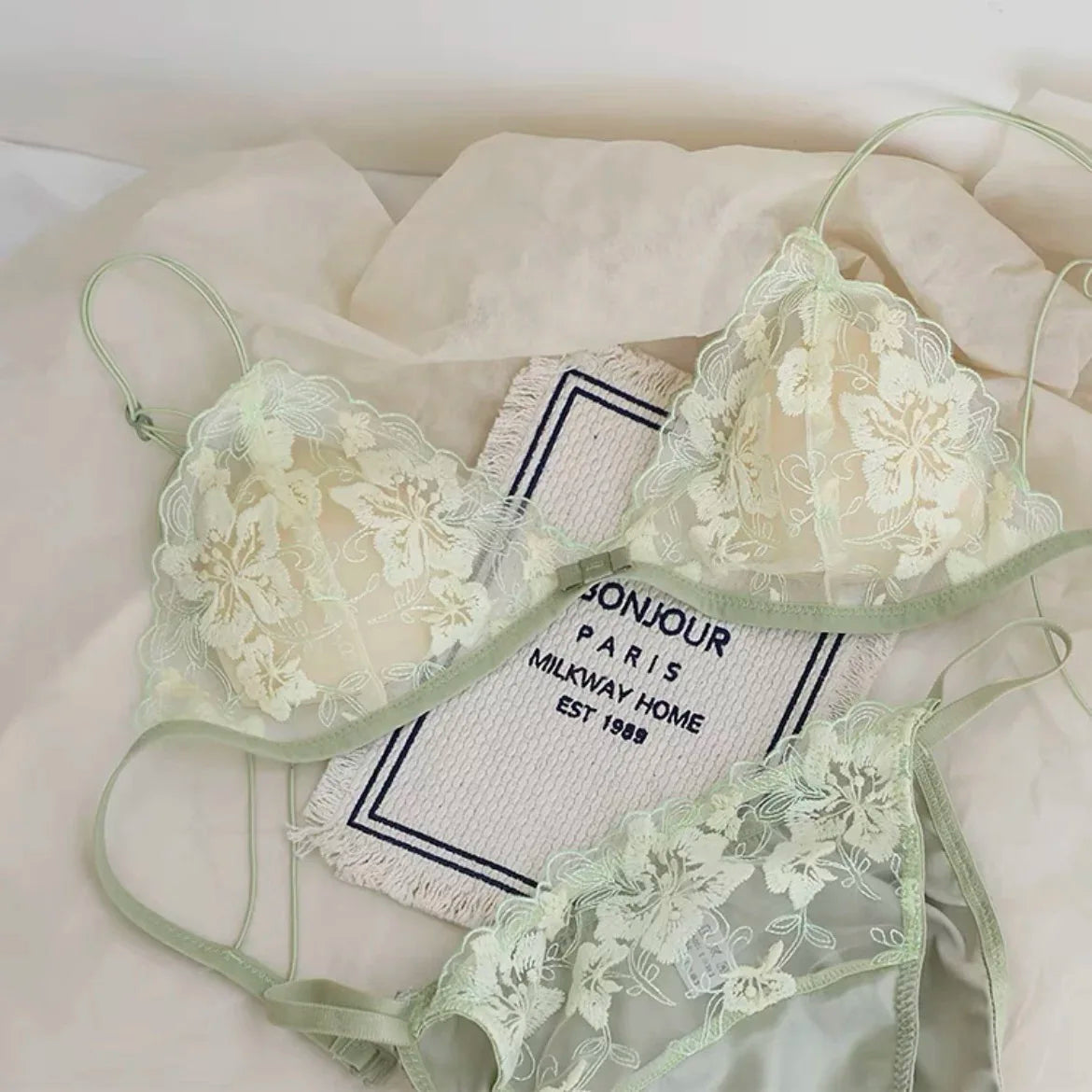 French Style Triangle Cup Bralette Embroidered Lace Wireless Hollow Out Pure Desire Lingerie Set CA MOYISU Lingerie Sensual Set
