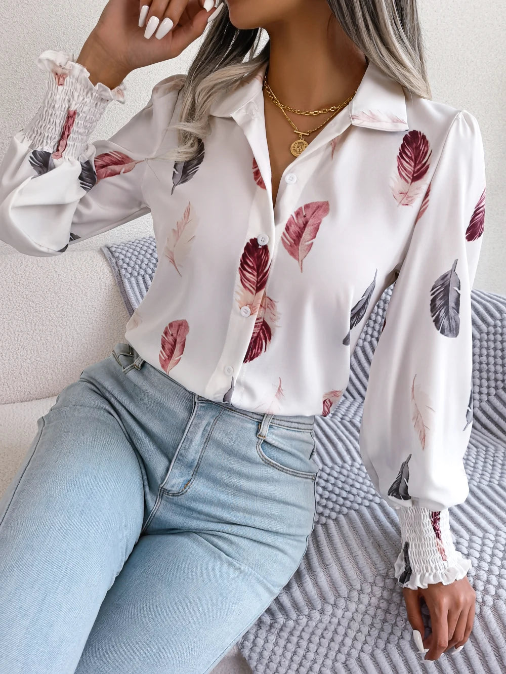 Women's Casual Feather Print Long Sleeve Office Lady Shirts for Autumn Turn Down Collar Buttons Woman Clothing White Pink Blue