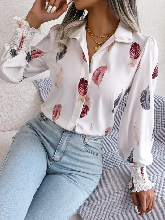Women's Casual Feather Print Long Sleeve Office Lady Shirts for Autumn Turn Down Collar Buttons Woman Clothing White Pink Blue
