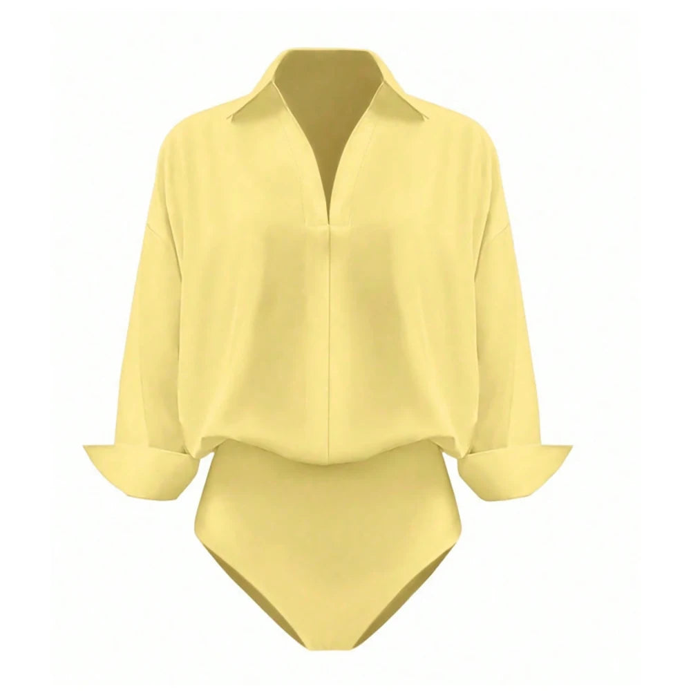 Women Shirt Bodysuit Oversized Boyfriend Half Sleeve Blouse Deep V Collar Bodysuit Shirts Elegant Office Lady Jumpsuit Top