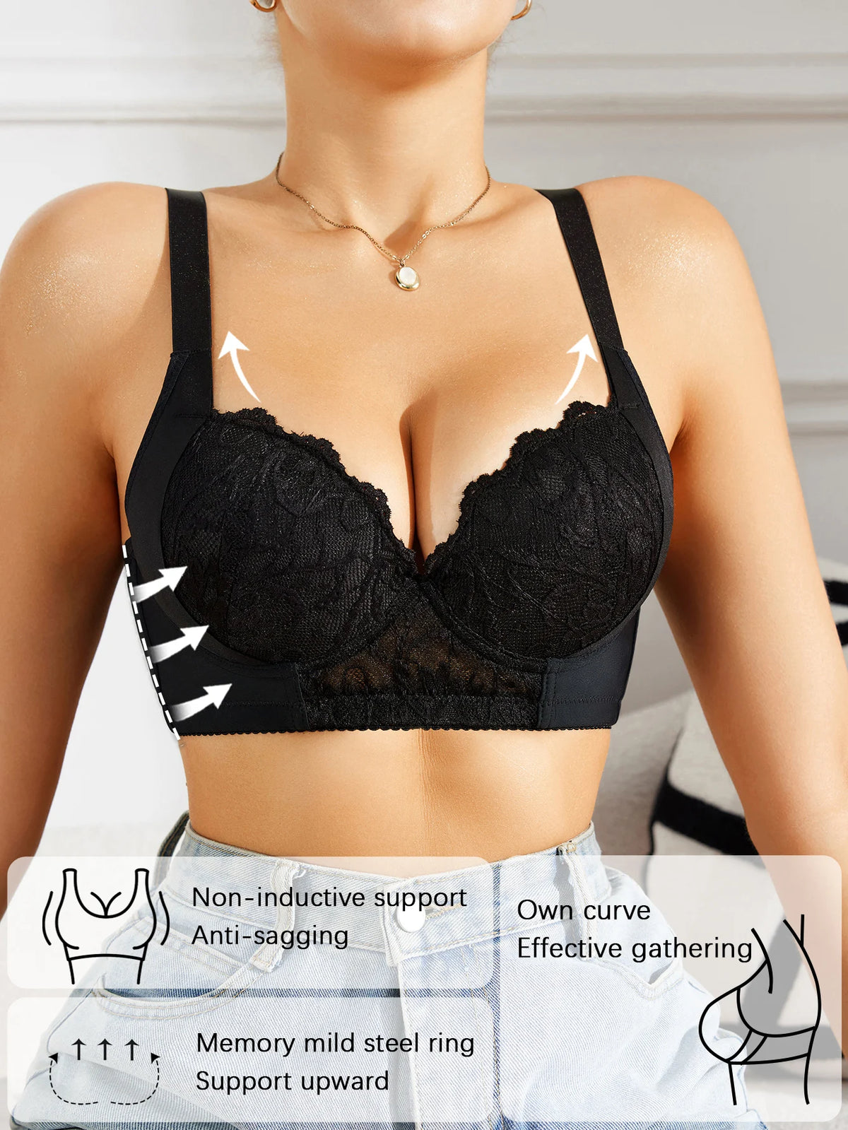 Floral Lace Women Bra Side-Breast-Enhancing Underwear with Underwire Minimizer Comfortable Wide Straps Intimates Bra