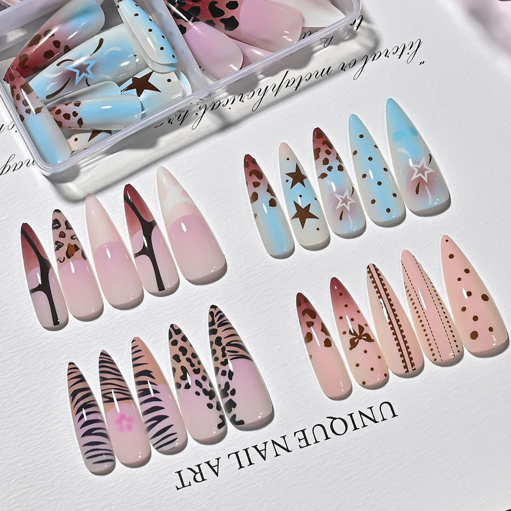 96Pcs French Almond Full Cover Fake Nail with Leopard Print Design 3D Bow Star Long Stiletto False Nails Women Press on Nails