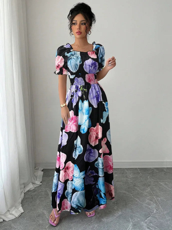 BKLD Women Clothing Summer Floral Print Dress Short Sleeve Square Collar Beach Holiday Outfits Waist Ruched Long Dresses Party