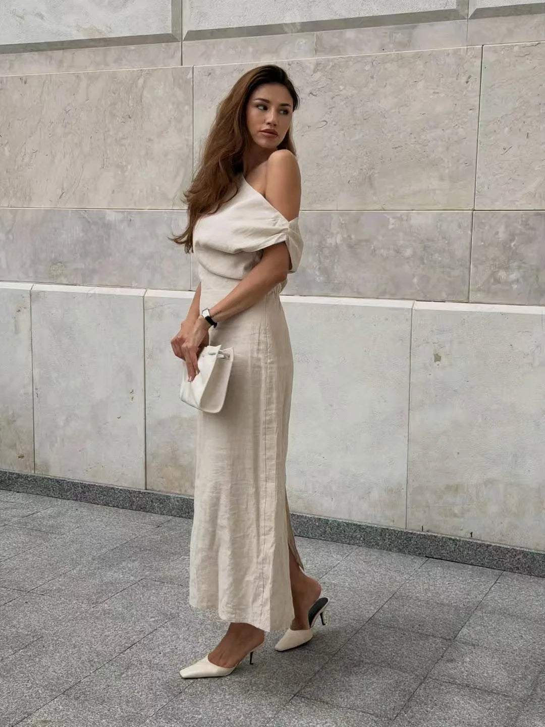 Elegant Solid One Shoulder Dresses Lady Skew Collar Waist-cinching Sleeveless Long Dress 2026 Women New Party Club Gowns