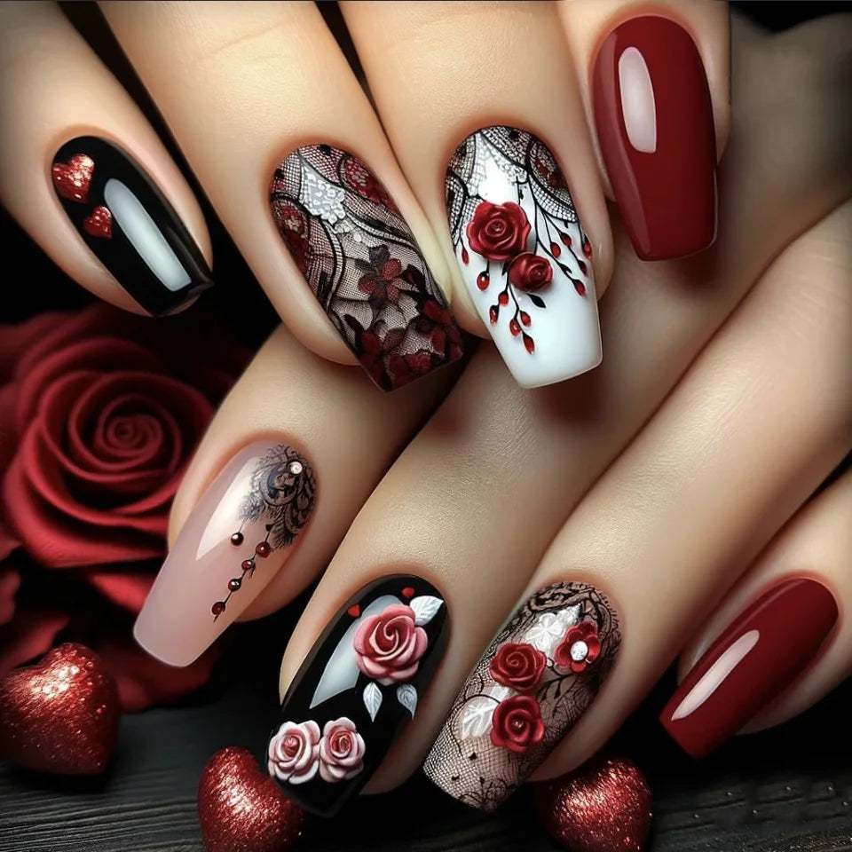 24PCS Black Medium Coffin False Nails Pink Heart Sweet Cool Stripes Press on Nails Full Cover Wearable Square Fake Nails Patches