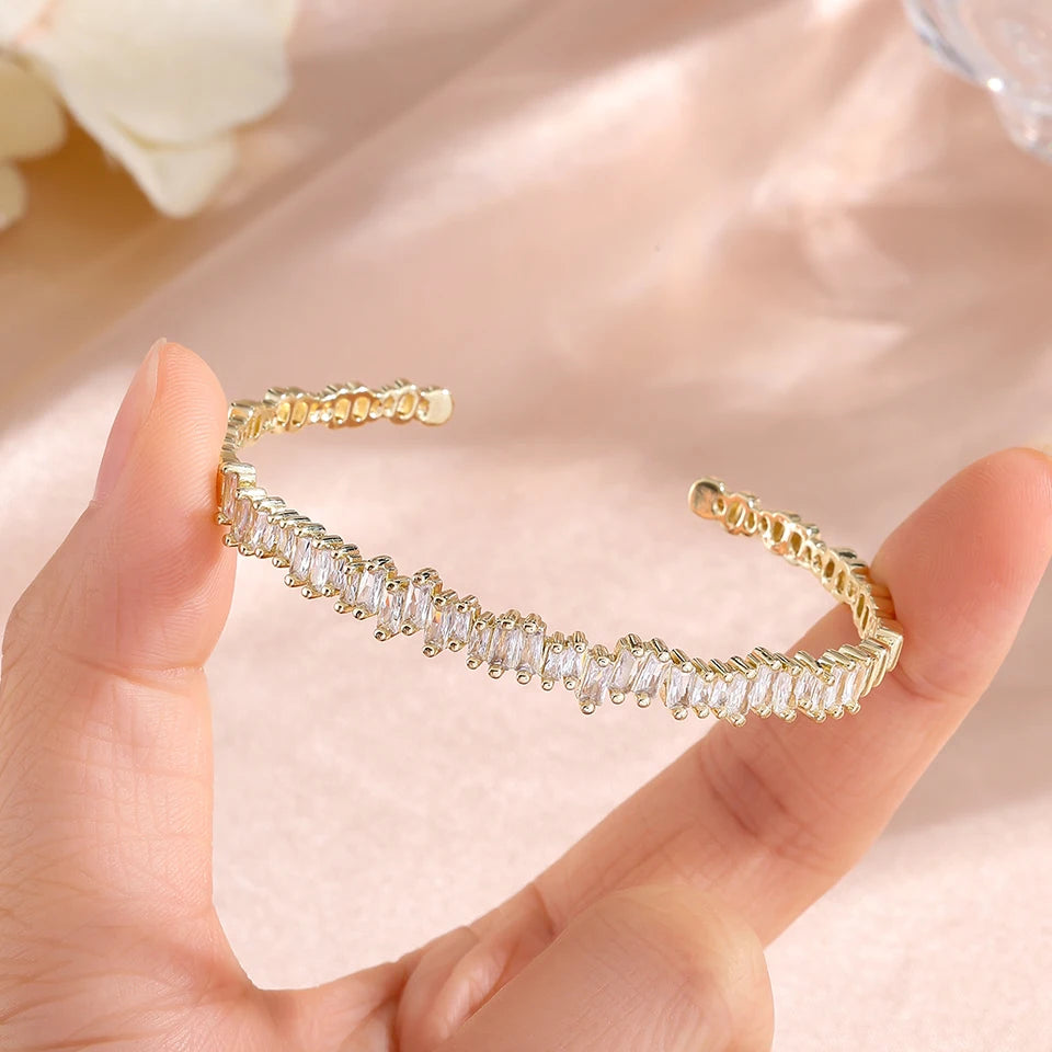 ZAKOL Fashion Shining Rectangle Zircon Cuff Bracelet for Women Personalized Turquoise Cubic Zirconia Bangle Party Jewelry