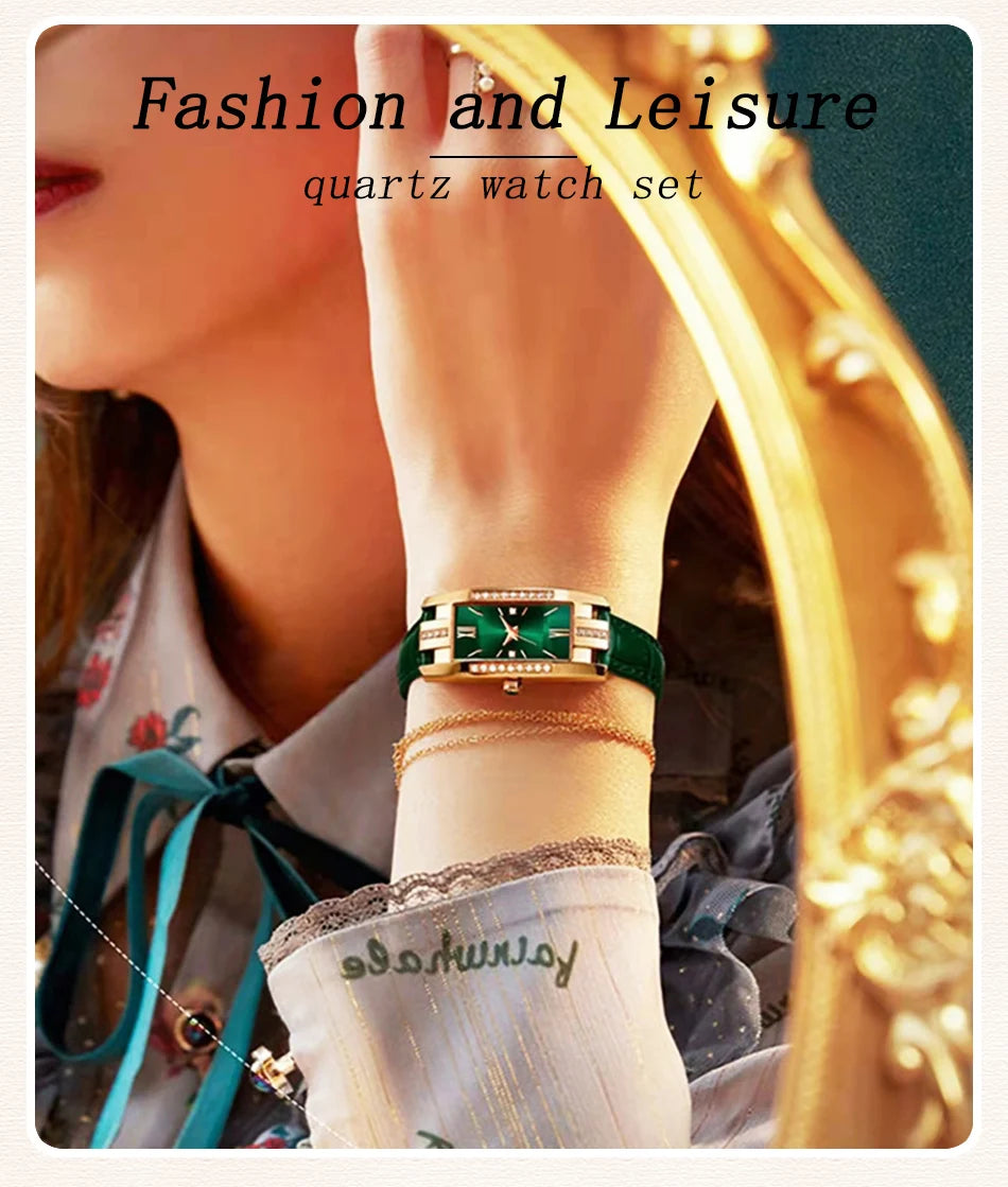 Womens Watches Fashion Square Ladies Quartz Watch Bracelet Set Green Dial Simple Leather Luxury Women Watches