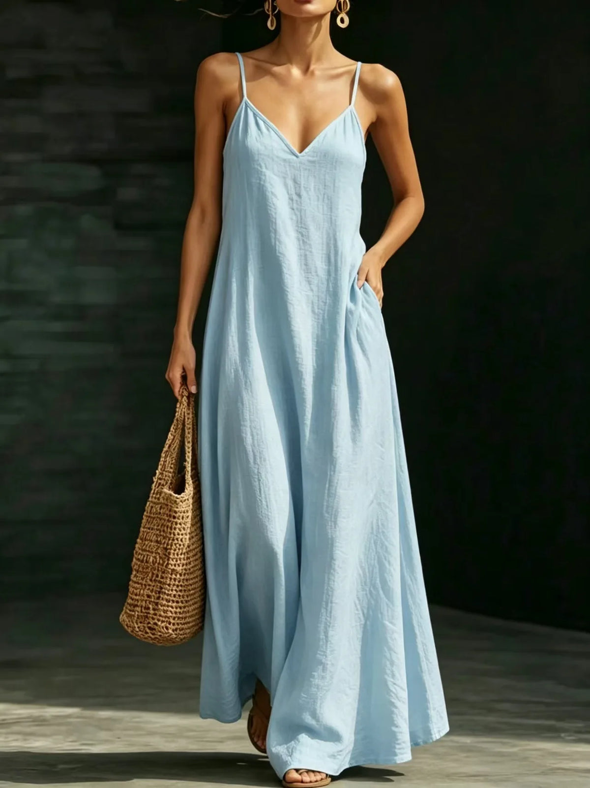 Women Linen Spaghetti Strap Maxi Dress V Neck Loose Swing Long Dress With Pockets Casual Summer Beach Vacation Sundress Ladies