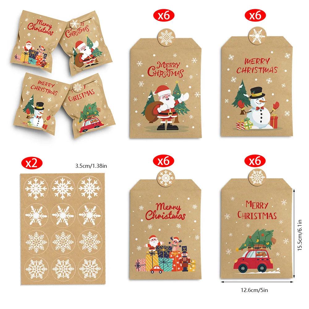 24Pcs Merry Christmas Cartoon Kraft Paper Cookie Bags, Xmas Candy Goodie Bags with Decorative Stickers, Chocolate, Small Gifts