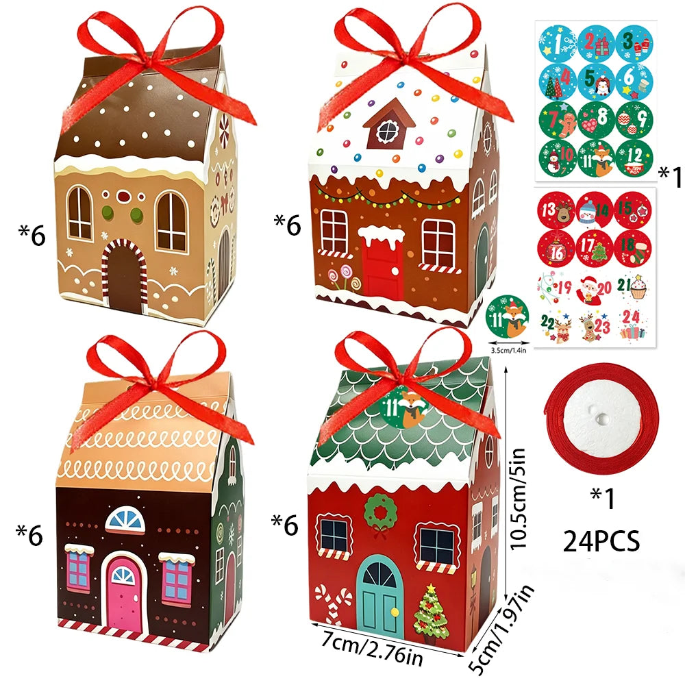 24pcs Christmas Advent Calendar Gift Boxes House Shape Treat Box with Number Stickers Ribbon Present Packaging Boxes 