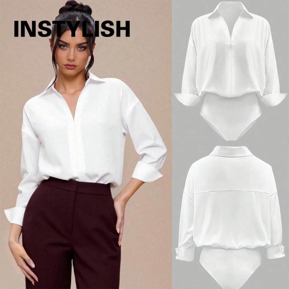 Women Shirt Bodysuit Oversized Boyfriend Half Sleeve Blouse Deep V Collar Bodysuit Shirts Elegant Office Lady Jumpsuit Top