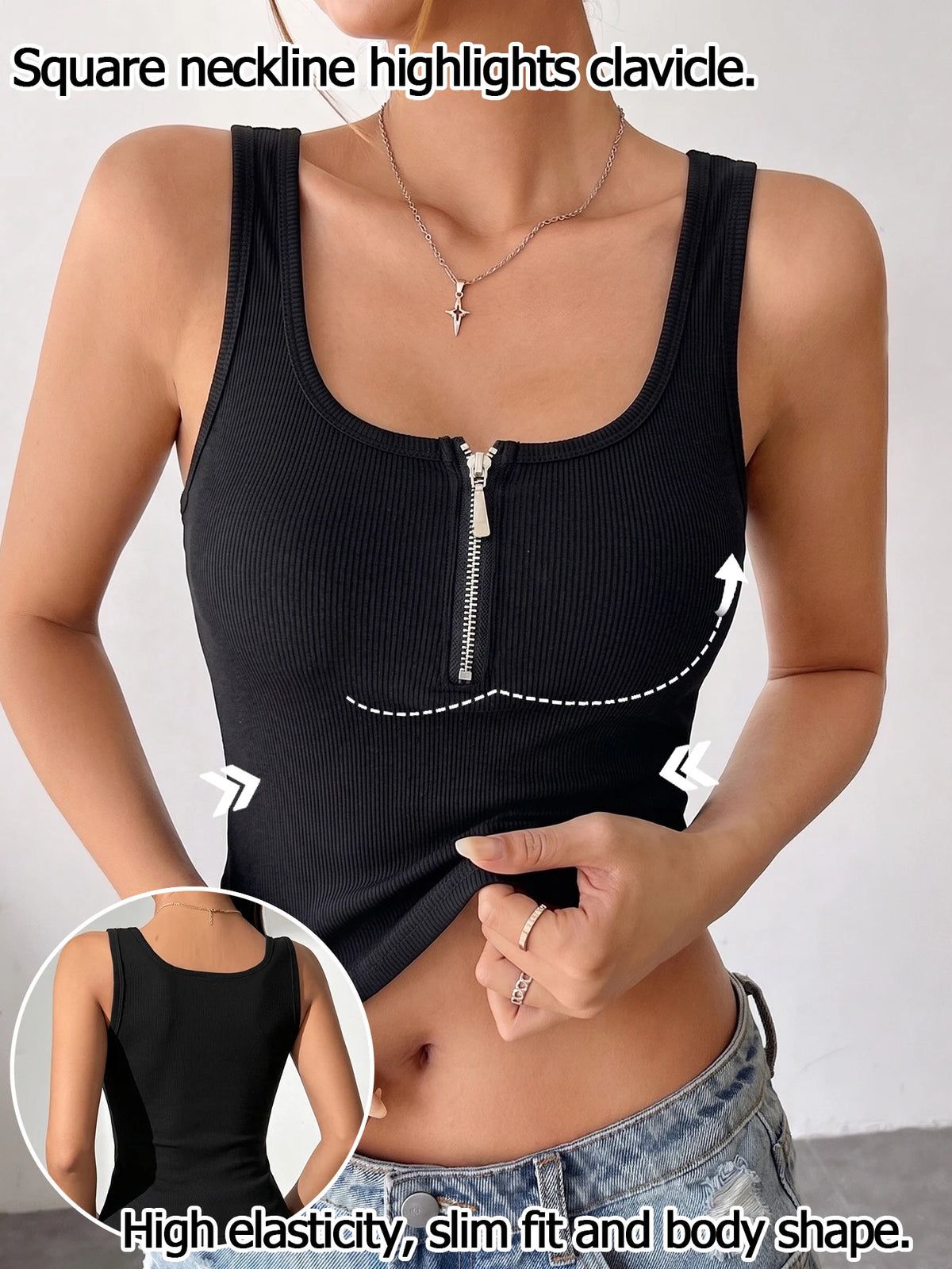 Solid Ribbed Women's Tank Top Decorative Zipper Camisole Slim Fit Casual Sleeveless Vest Top