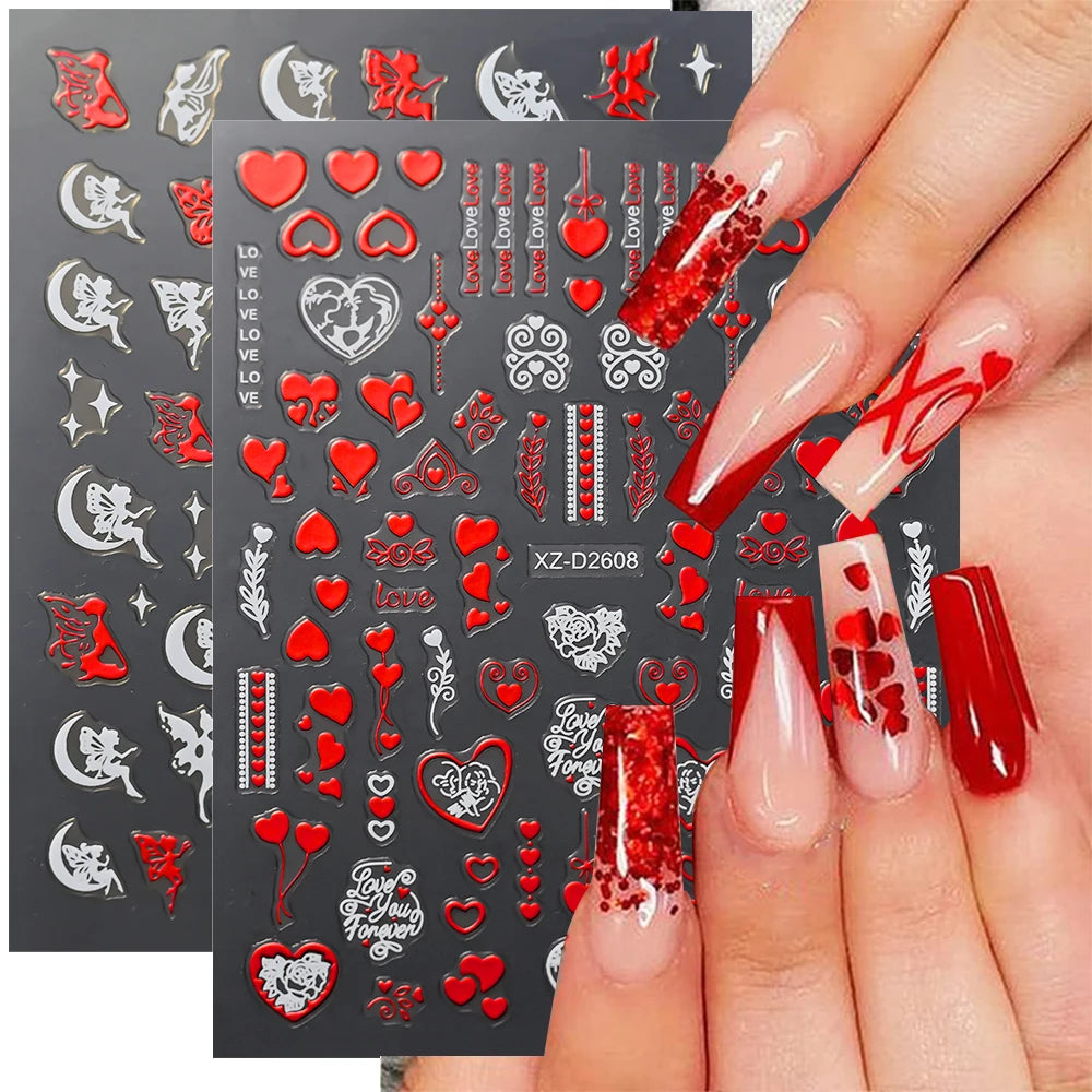 1Pc 3D Red Love Heart Nail Art Stickers Rose Flower Lip Self Adhesive Decals Valentine' Day Nail Sliders For Manicure Decoration