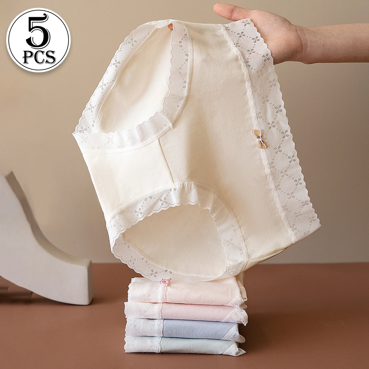 5PCS Korean Fresh Style Women's Underwear Lace Trimmed Solid Color Comfortable Panties Girls Mid Waist Breathable Bow Briefs