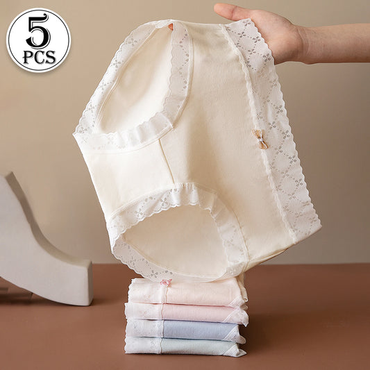 5PCS Korean Fresh Style Women's Underwear Lace Trimmed Solid Color Comfortable Panties Girls Mid Waist Breathable Bow Briefs