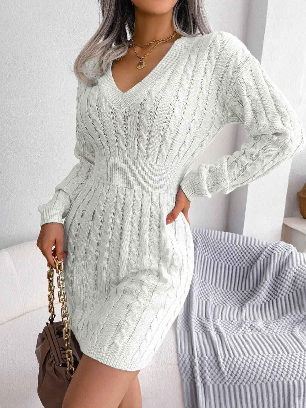 Autumn Winter Casual Knitted Sweater Dress for Women 2026 Elegant V Neck Long Sleeve Slim Waist Mini Dresses White Blue Khaki