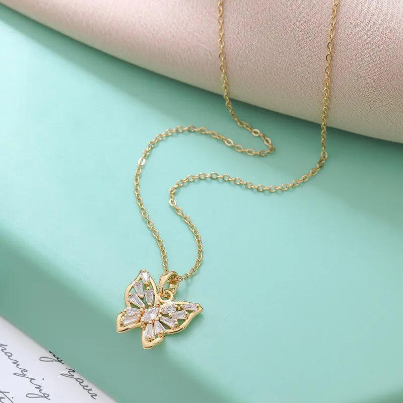 Fantastic Crystal Gold-Color Butterfly Necklace For Women Rhinestone Symmetrical Pendant Accessories Party Jewelry Gifts