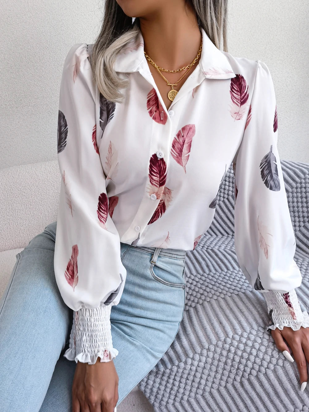 Women's Casual Feather Print Long Sleeve Office Lady Shirts for Autumn Turn Down Collar Buttons Woman Clothing White Pink Blue