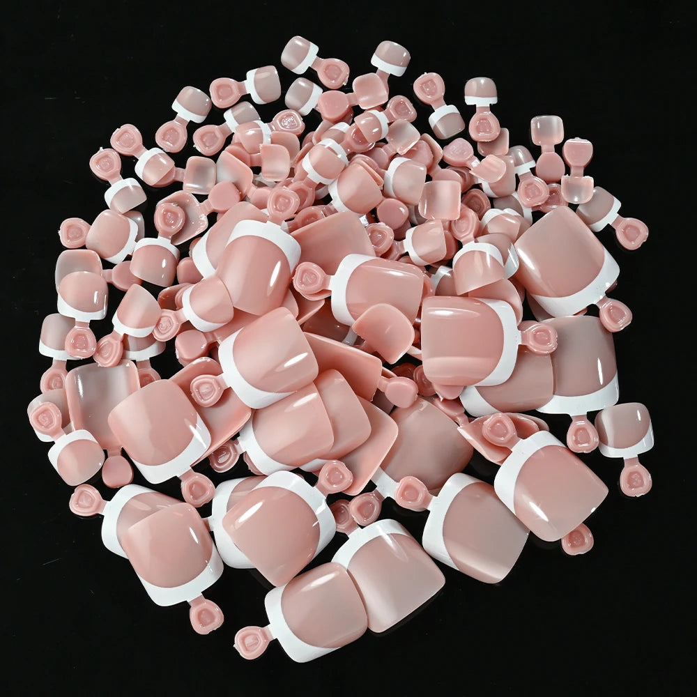 120/100Pcs French White Edge False Toe Nails Acrylic Short Square Full Cover Fake Toenails Summer Wearable Press on Toenails