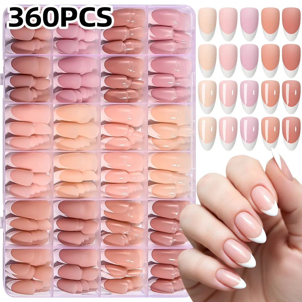 288/360pcs French Tips Press on Nails Almond False Nails Brown/Nude/Pink Acrylic Stiletto Full Cover Fake Nails for Extension