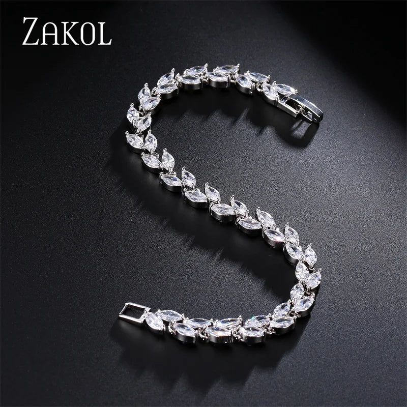 أساور ZAKOL Fashion ذات الأوراق البيضاء للنساء والرجال من الزركونيا المكعبة اللامعة بقصة الماركيز، مجوهرات لحفلات الزفاف