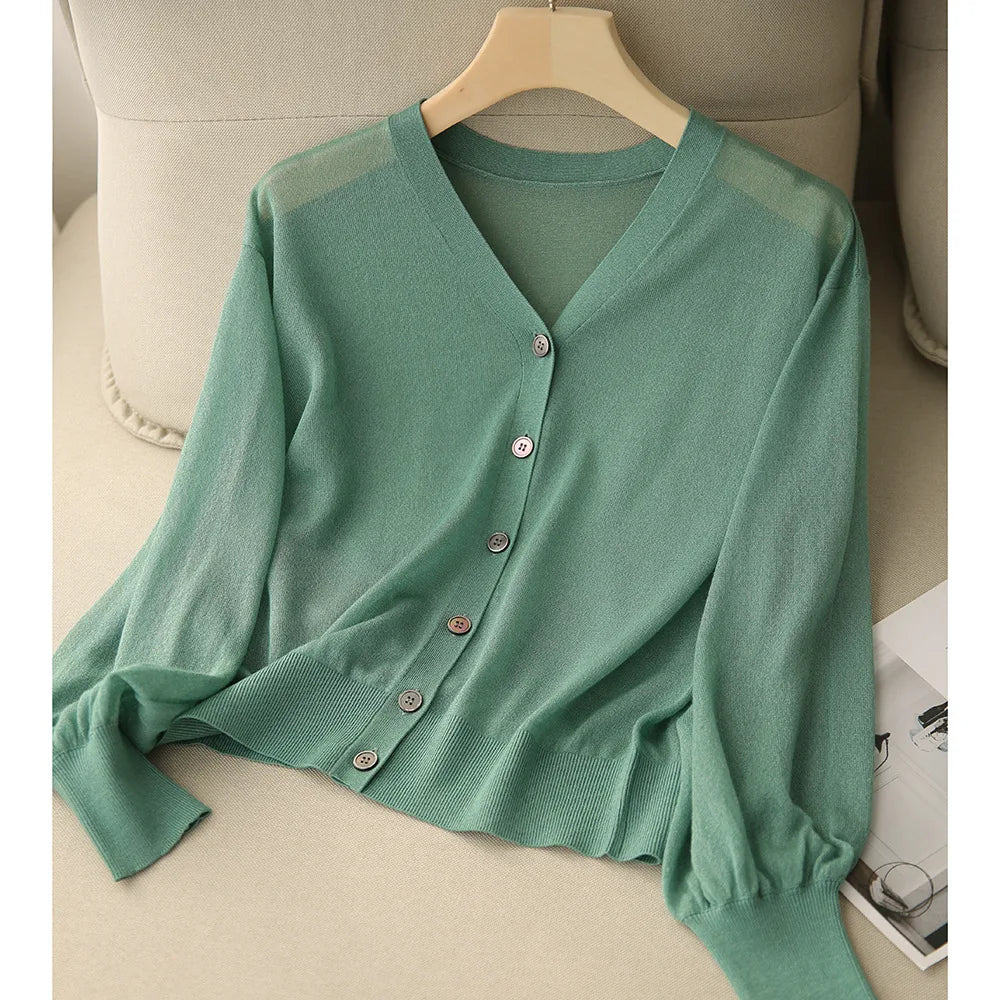 Women Elegant V Neck Single Breasted Thin Sun-proof Cardigan Elegant Korean Knit Simple Solid Sheer Tops Summer Casual Outwear