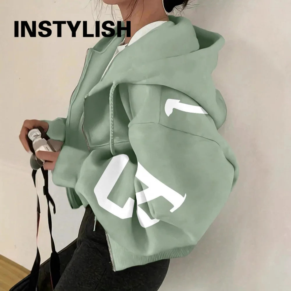 Women Y2K Crop Zip Up Hoodie Letter Print Oversized Long Sleeve Hooded Sweatshirt Casual Streetwear Short Jacket Outerwear