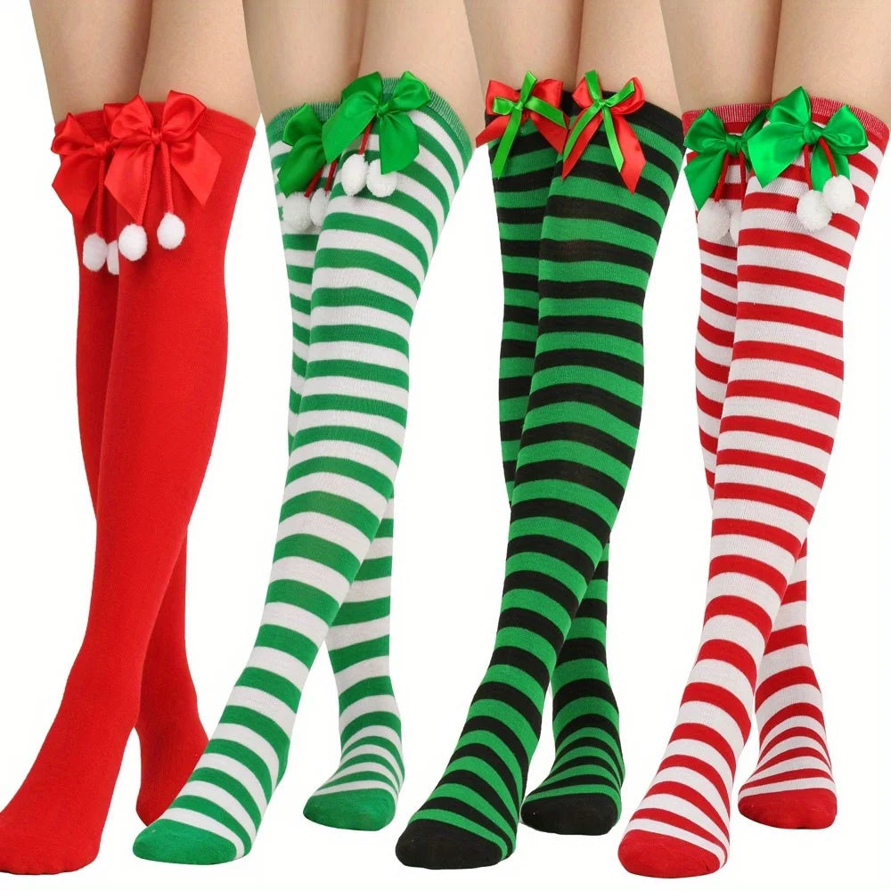 4-Pack Sweet Striped Stockings For Women Christmas Green Red Bows Cute Socks Over The Knee Long Socks Girls Stocking Students