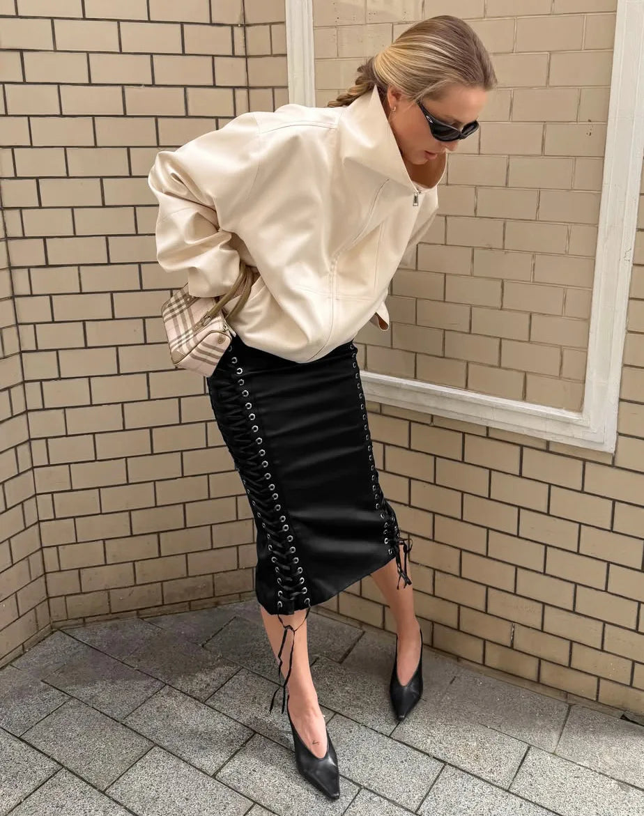 Autumn Vintage Solid Satin Midi Skirts Sexy Lace Up French Black Slim Fit Split Skirts Casual High Waist Female Streetwear