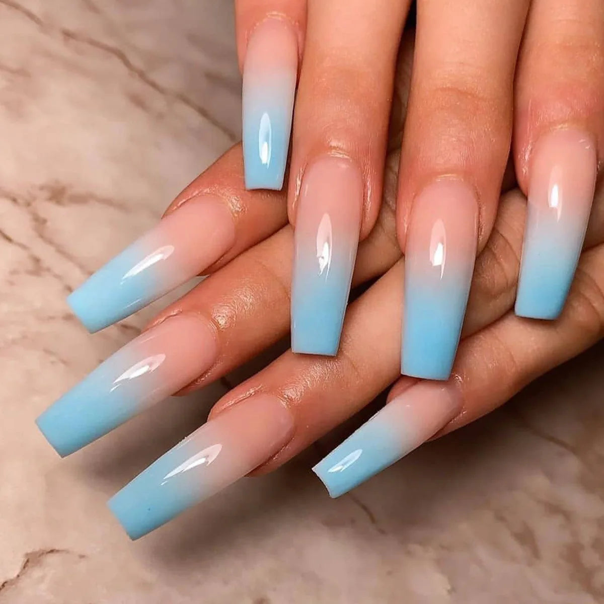 24pcs Long Ballet False Nails Gradient Blue Reusable Press on Nails Sets Simple Square Head Coffin Fake Nail Tips Stick on Nail