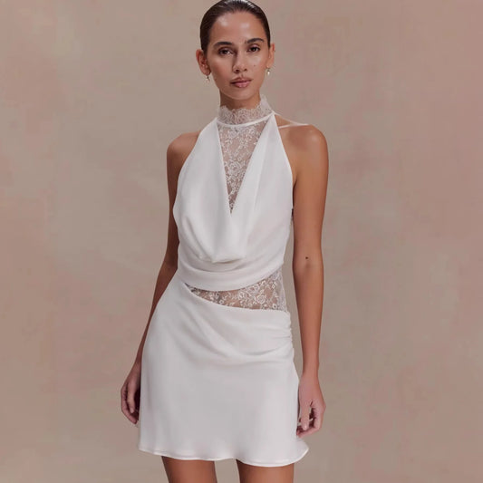 Sexy Lace Patchwork Satin Dresses for Women Halter Sleeveless See Through Deep V-neck Dress Female Party Evening Gown Chic 2026