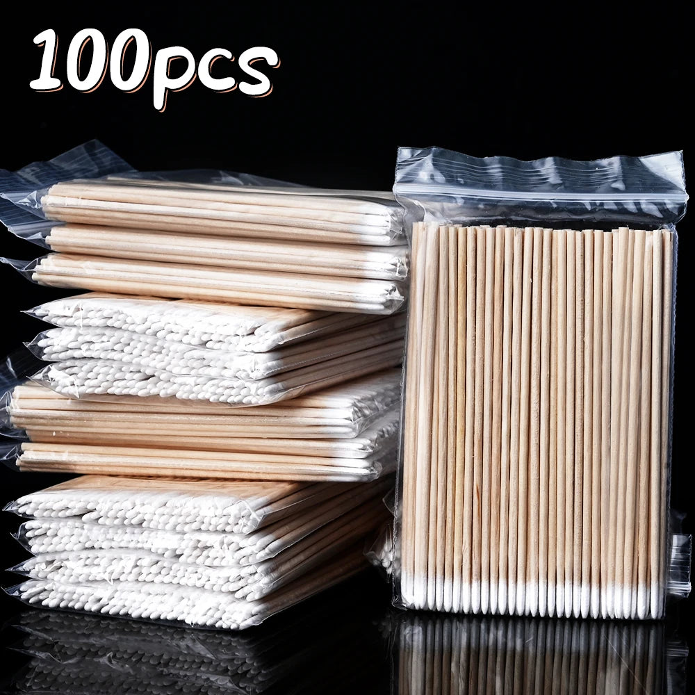 100/300/500Pcs Nails Wood Swab Cleaning Sticks Bud Tip Wooden Cotton Head Manicure Detail Corrector Nail Polish Remover 10cm