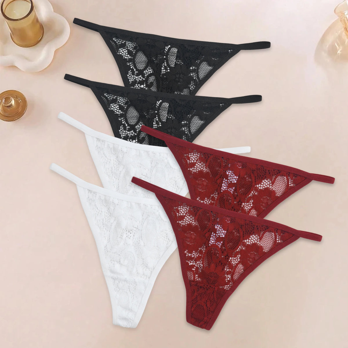 6PCS Elegant Lace Floral G-Strings Women Sexy Thongs Ultra-thin Low Waist T-Back Bikini Underwear Comfy Breathable Lingerie