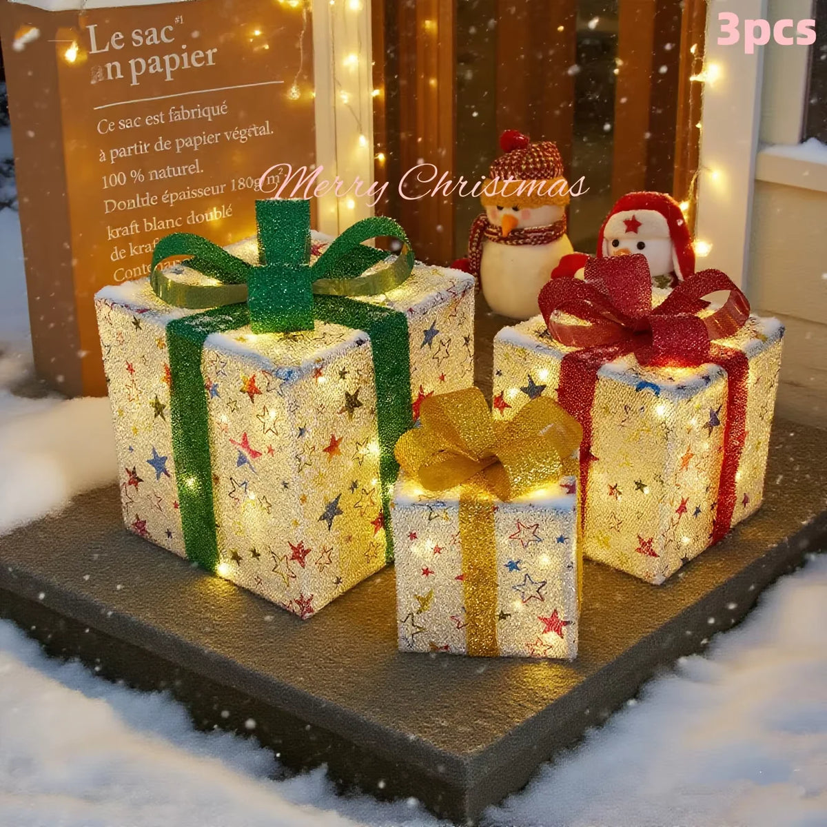 3 Pack Light Up Christmas Gift Box Ornaments, Battery Powered, Indoor & Outdoor Xmas Home, Porch, Lawn Holiday Decor