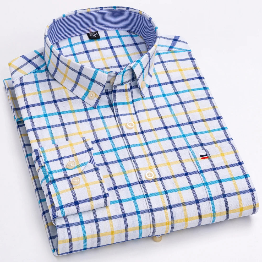 Men's 100% Cotton Contrast Plaid Long Sleeve Oxford Button-Down Shirt with Pocket, Breathable Comfort Regular Fit Casual Wear