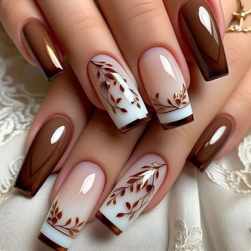 Medium long fake nails for women gilrs gradient brown coffee flora leaf design reusable full over press on Artificial Nails set